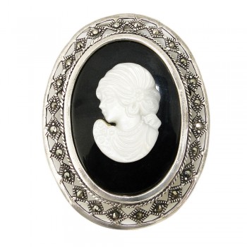 Marcasite Pin+Pendant Oval Cameo Onyx+Mother of Pearl