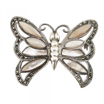 Marcasite Pin Pink Mother of Pearl Butterfly