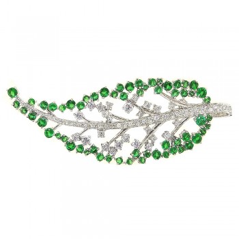 Sterling Silver Pin Emerald Green+Lv Cubic Zirconia Leaf