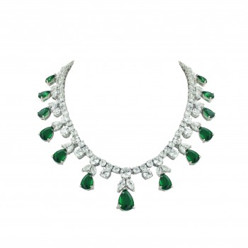 Brass Necklace Clear Cz With Emerald Glass Teardro, Clear