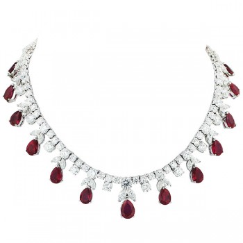 Brass Necklace Clear Cz With Syn.Ruby Teardrop, Clear