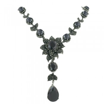 Marcasite Necklace Black Cubic Zirconia Round Dome Chess Cut with Black Cubic Zirconia Tear Drop+