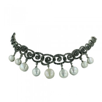 Marcasite Necklace 9 Fresh Water Pearl Drops (10mm Center
