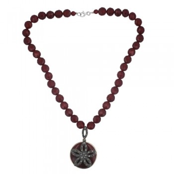 Marcasite Necklace 32mm Round Carnelian with Marcasite Flower with Fa