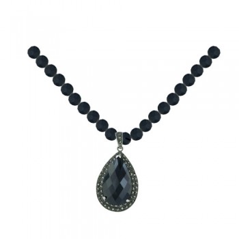 Marcasite Necklace 42X29mm Black Cubic Zirconia Tear Drop Chess Cut with Oxid