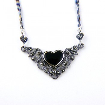 Marcasite Necklace 15" 11X13.5mm Onyx Heart Open Filigree Aro
