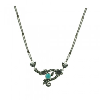 Marcasite Necklace 16" 7mm Round Turquoise As Center of Marcasite Pattern L