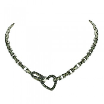 Marcasite Necklace 16" Square Marcasite Stationed Lined Open Heart End