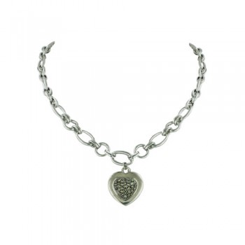 Marcasite Necklace 18" 12X13mm Pave Heart Palin Bezel Open Olivine