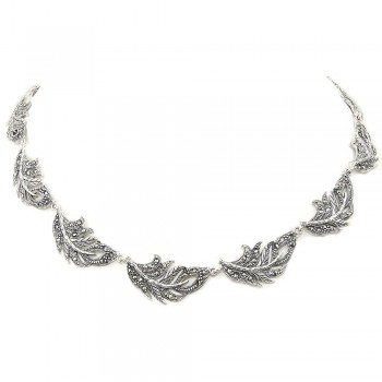MARCASITE NECKLACE 13 LEAVES PAVE WITH SWISS MARCASITE