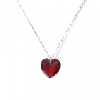 Sterling Silver Necklace Garnet Cubic Zirconia Heart Drop Chess Cut