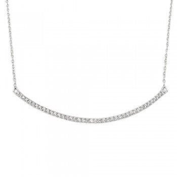 STERLING SILVER NECKLACE CLEAR CUBIC ZIRCONIA THIN CURVED BAR 16+2"