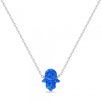 *SMALL* SS NECKLACE SYNTHETIC BLUE OPAL HAMSA