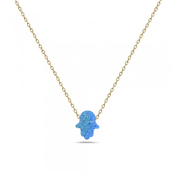 *SMALL* STERLING SILVER NECKLACE SYNTHETIC BLUE OPAL HAMSA