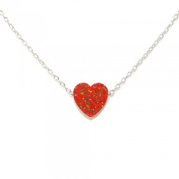 STERLING SILVER NECKLACE SYNTHETIC RED OPAL HEART SLIDER