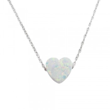 STERLING SILVER NECKLACE RECONSTITUTE WHITE OPAL HEART SLIDER