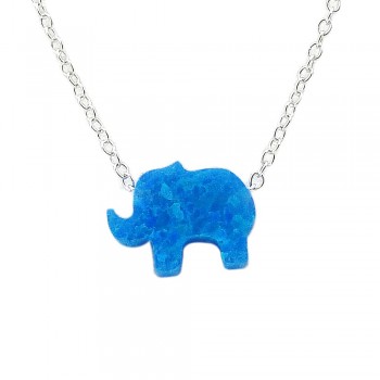 STERLING SILVER NECKLACE RECONSTITUTE BLUE OPAL ELEPHANT **RH