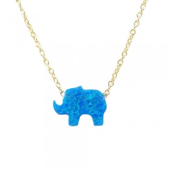 STERLING SILVER NECKLACE RECONSTITUTE BLUE OPAL ELEPHANT **GOLD