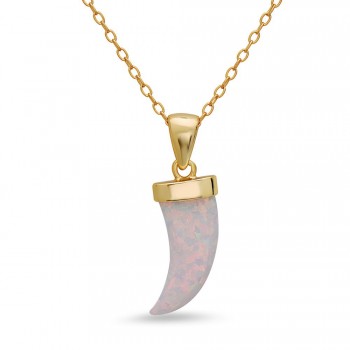 STERLING SILVER NECKLACE RECONSTITUTE WHITE OPAL HORN **GOLD