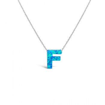 STERLING SILVER NECKLACE LAB CREATED BLUE OPAL INITIAL F