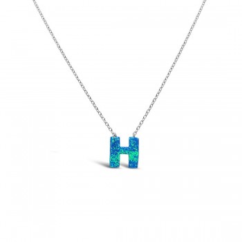 STERLING SILVER NECKLACE LAB CREATED BLUE OPAL INITIAL H