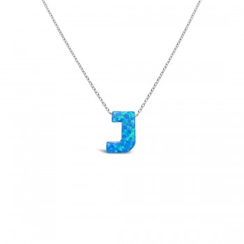 STERLING SILVER NECKLACE LAB CREATED BLUE OPAL INITIAL J