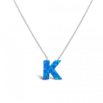 STERLING SILVER NECKLACE LAB CREATED BLUE OPAL INITIAL K