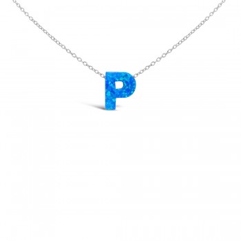STERLING SILVER NECKLACE LAB CREATED BLUE OPAL INITIAL P 5S