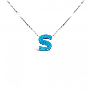 STERLING SILVER NECKLACE LAB CREATED BLUE OPAL INITIAL S