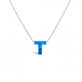 STERLING SILVER NECKLACE LAB CREATED BLUE OPAL INITIAL T
