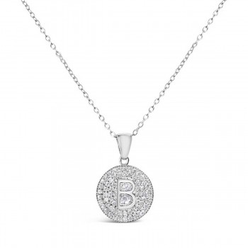 Sterling Silver Necklace Inital B Clear Cubic Zirconia Pave Base Round