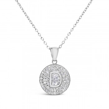 Sterling Silver Necklace Inital D Clear Cubic Zirconia Pave Base Round