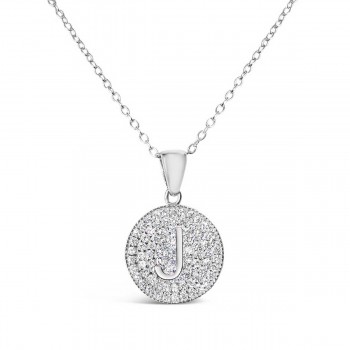 Sterling Silver Necklace Inital J Clear Cubic Zirconia Pave Base Round