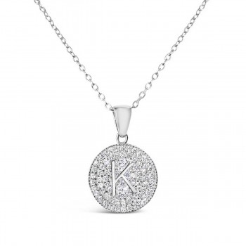Sterling Silver Necklace Inital K Clear Cubic Zirconia Pave Base Round