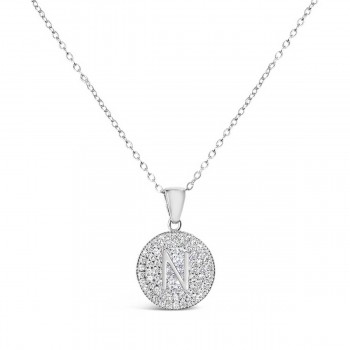 Sterling Silver Necklace Inital N Clear Cubic Zirconia Pave Base Round