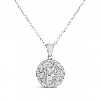 Sterling Silver Necklace Inital P Clear Cubic Zirconia Pave Base Round
