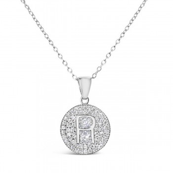Sterling Silver Necklace Inital R Clear Cubic Zirconia Pave Base Round