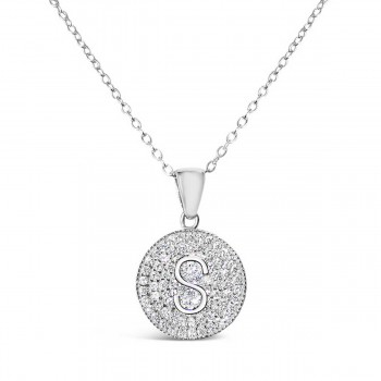 Sterling Silver Necklace Inital S Clear Cubic Zirconia Pave Base Round