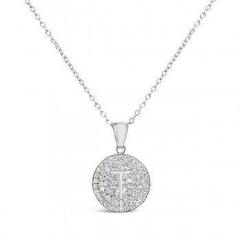 Sterling Silver Necklace Inital T Clear Cubic Zirconia Pave Base Round