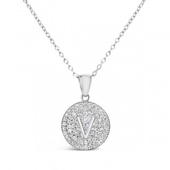 Sterling Silver Necklace Inital V Clear Cubic Zirconia Pave Base Round