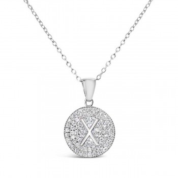 Sterling Silver Necklace Inital X Clear Cubic Zirconia Pave Base Round