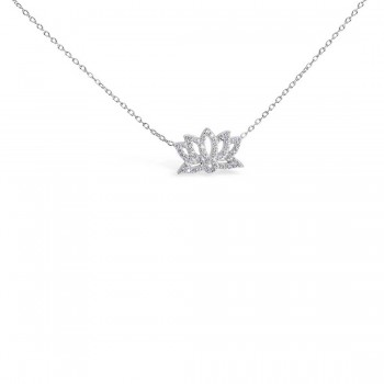 Sterling Silver Necklace Clear Cubic Zirconia Lines Lotus Flower -Rhodium