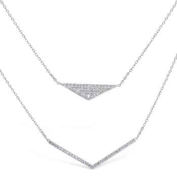Sterling Silver Necklace Double Strands Triangle +V Drop Pave C