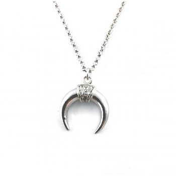 Sterling Silver Necklace Horn/Crescent Moon With Clear Cubic Zirconia Secti