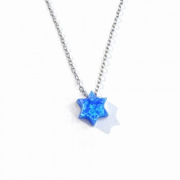 Sterling Silver Necklace Star Lab Created Blue Opal 16+2 Inches
