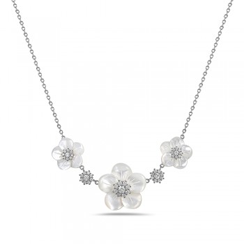 Sterling Silver NECKLACE THREE MOTHER OF PEARL FLOWERS CZ CENTE