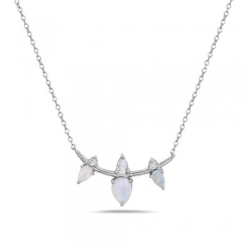 Sterling Silver NECKLACE ARC LINE 3 TEARDROP WHITE OPAL WITH Cubic Zirconia