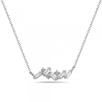 Sterling Silver NECKLACE BAGUETTE CLEAR Cubic Zirconia IN CROOKED LINE