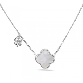 Sterling Silver NECKLACE CLOVER MOTHER OF PEARL CHARM+TINY CLOVER CHARM-5S-1182M