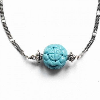 Sterling Silver NECKLACE COIN STABALIZED TURQUOISE CARVED DOUBLE SPOT OXIDIZED CHAIN-5S-1183TQ